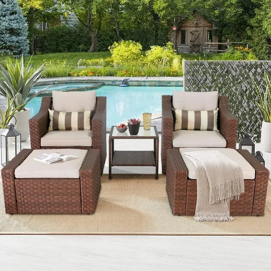 5 Piece Patio Conversation Set Outdoor Furniture Set,Brown Lounge Chair with Ottoman Footrest, W/Coffee Table&Cushions(Beige)