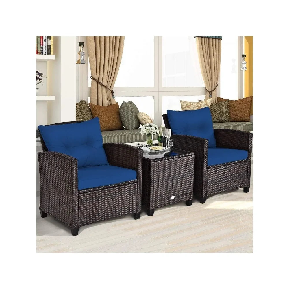 Patio Furniture Outdoor Set PE Rattan Wicker 3 Pcs Outdoor Sofa Set W/Washable Cushion and Tempered Glass Tabletop Camp Table