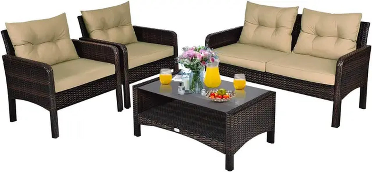 4 Piece Patio Furniture Set, Outdoor Wicker Conversation Set with Glass Top Coffee Table, Outdoor Patio Furniture Sets