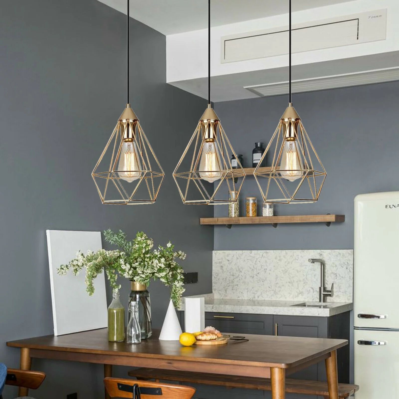 Vintage Industrial Chandelier Champagne Gold Metal 60W 3Xe26 Pendant Light Adjustable Hanging Lamp for Kitchen