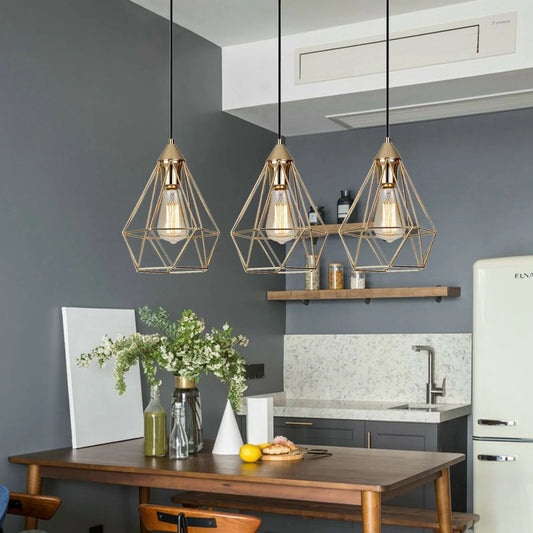 Vintage Industrial Chandelier Champagne Gold Metal 60W 3Xe26 Pendant Light Adjustable Hanging Lamp for Kitchen