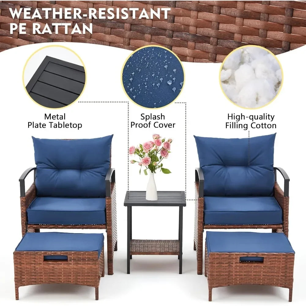 5 Pieces Patio Furniture Set,Outdoor Rattan Chairs with Metal Coffee Table, Soft Cushions,Wicker Conversation Bistro Set (Blue)