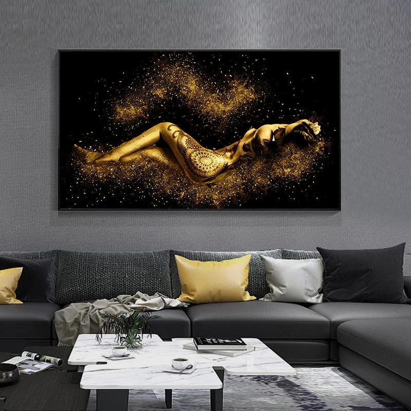 Black and Gold Abstract Sexy Nude Female Body Figure Oil Painting Picture Poster and Prints Living Room Wall Art Canvas Painting