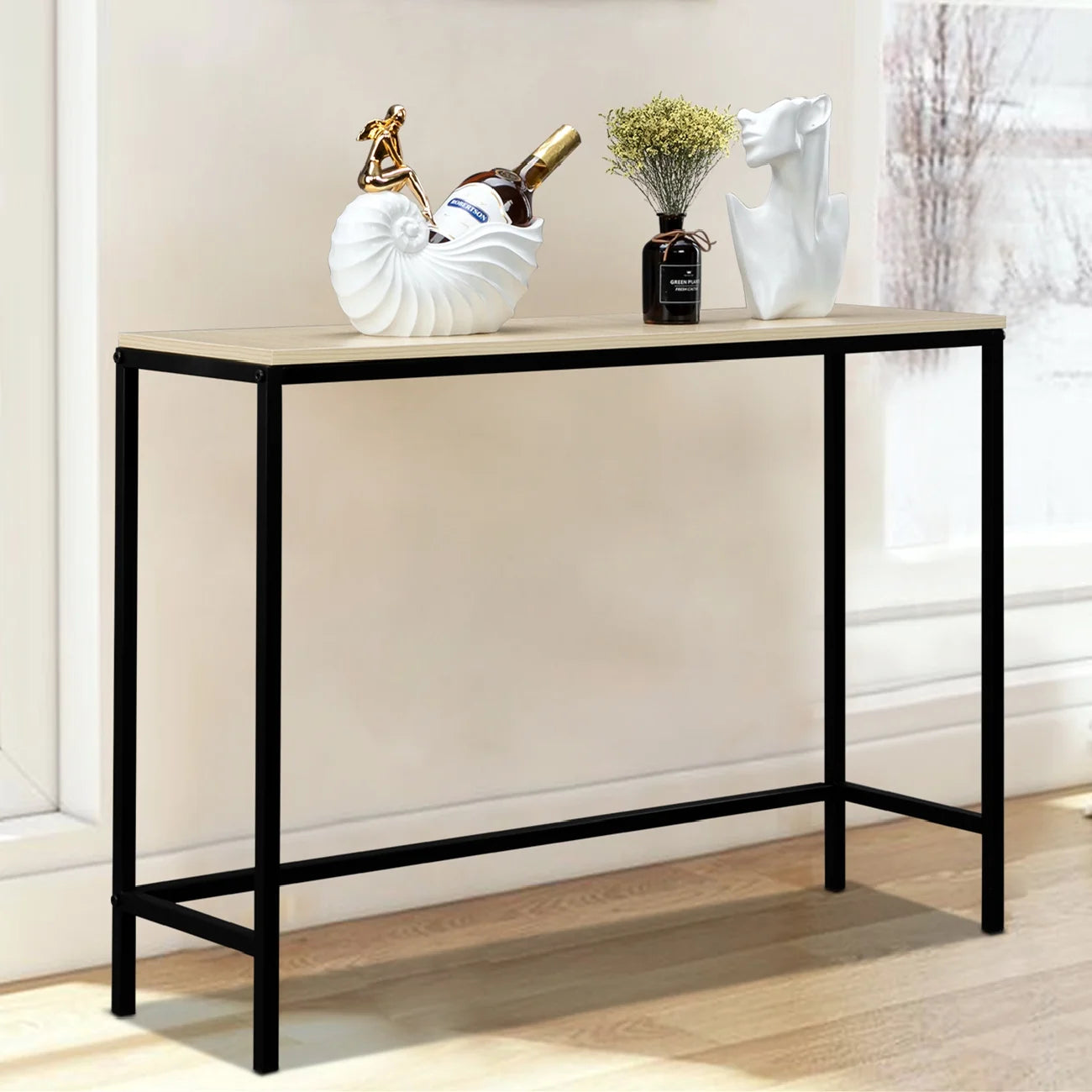 Modern Console Table Sofa Table TV Stand with Sturdy Metal Frame in Entryway, Living Room, Hallway, Bedroom, Hotel, Light Walnut