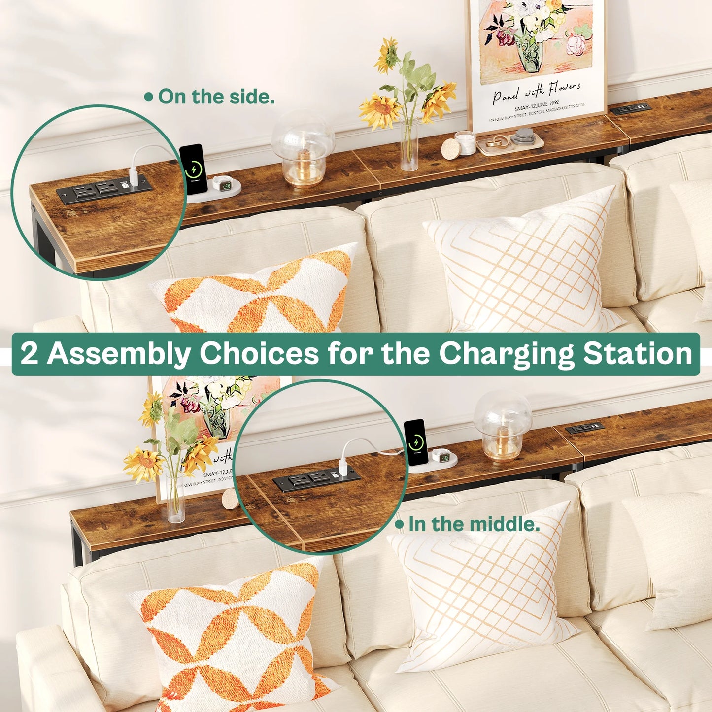 70" Console Table Sofa Table with Charging Station, Narrow Entryway Table, Wood Hallway Table, behind Couch Table, Metal Frame, Retro Brown