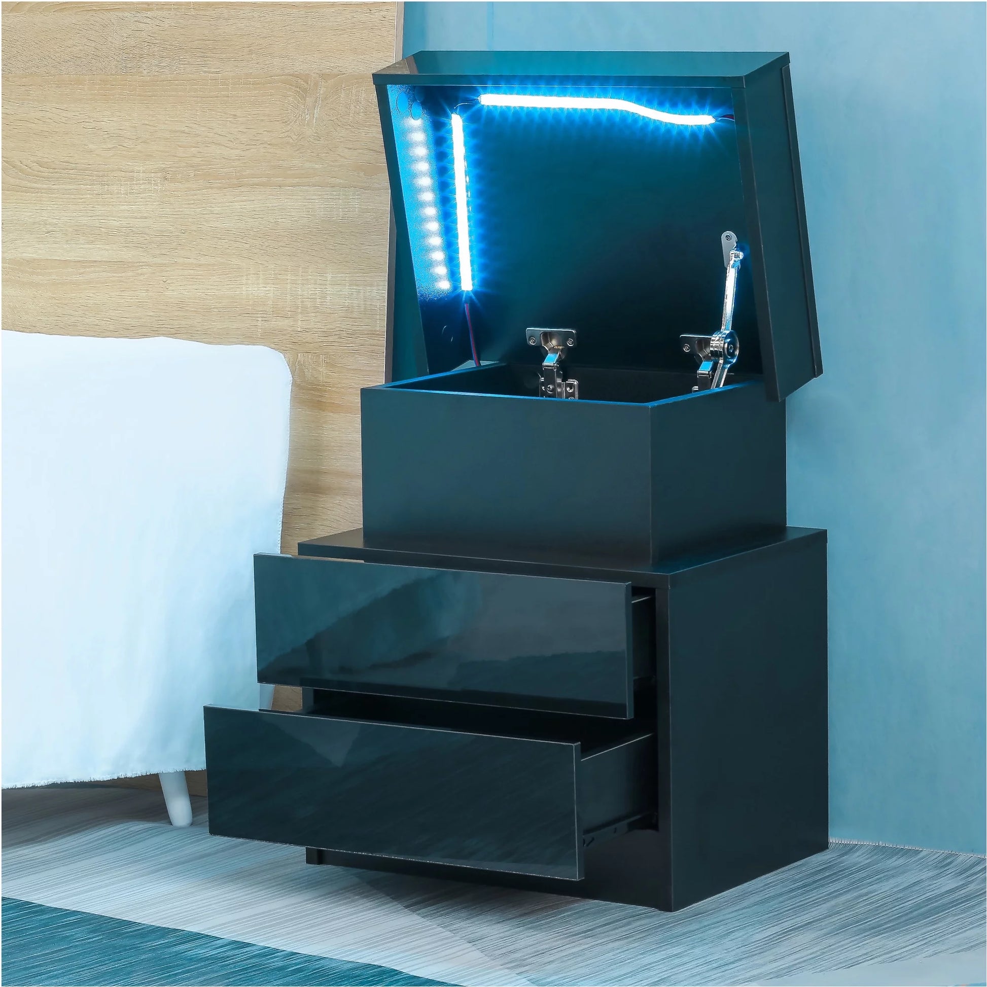End Table with LED Lights, Storage Table with 2 Drawers, Black Side Table LED Conner Table Light, Modern End Side Table for Bedroom Living Room Office
