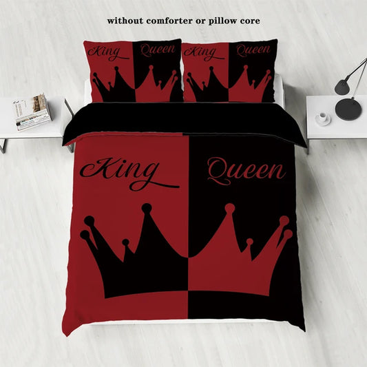 3 Pieces of down Set Red and Black Crown (1 down Duvet Cover+2 Pillowcases, No Core) Couple Bedroom Room Bedding