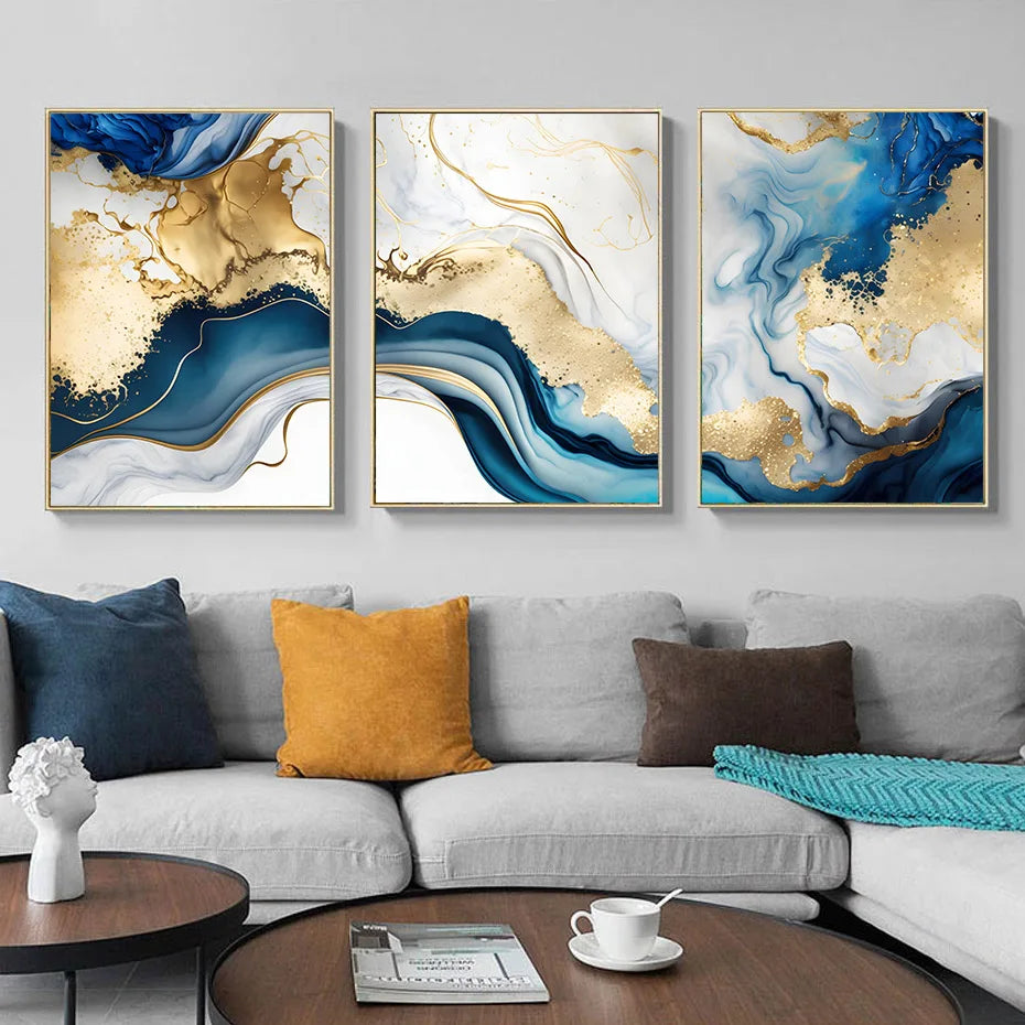 Modern Abstract Gold Blue Marble Wall Art Posters Canvas Painting Prints 