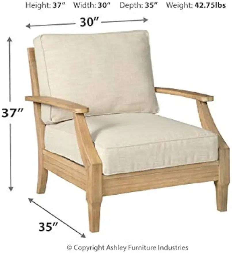 Outdoor Eucalyptus Wood Single Cushioned Lounge Chair, Beige，30"D X 35"W X 37"H，Patio Furniture & Accessories