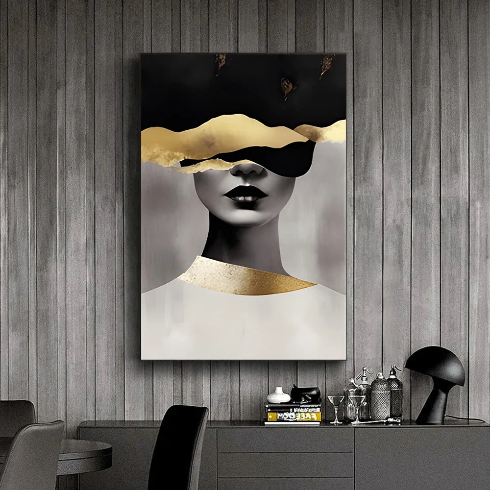 Black Gold Woman Head Print Canvas Painting, Abstract Luxury Figure Poster Wall Art, for Home Living Room Store Decor, No Frame