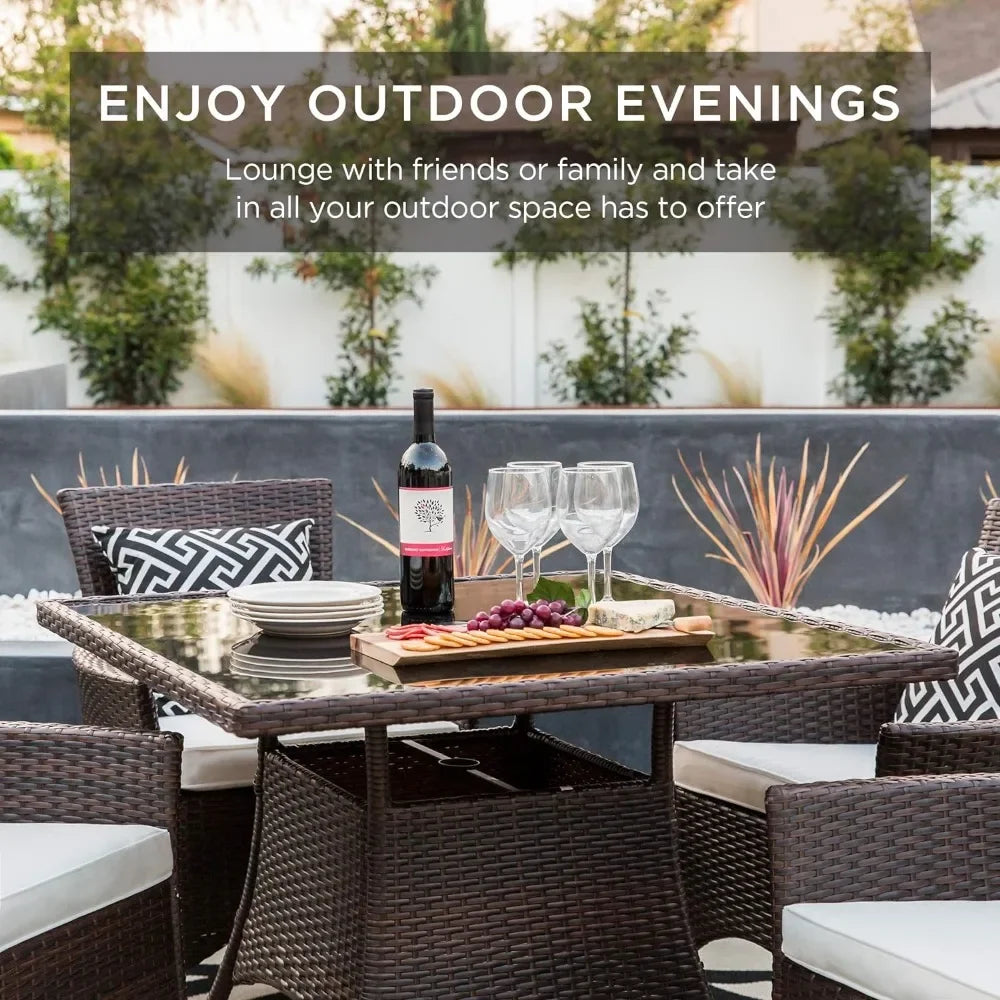 5-Piece Indoor Outdoor Wicker Dining Set Furniture for Patio, Backyard W/Square Glass Tabletop, Umbrella Cutout, 4 Chairs