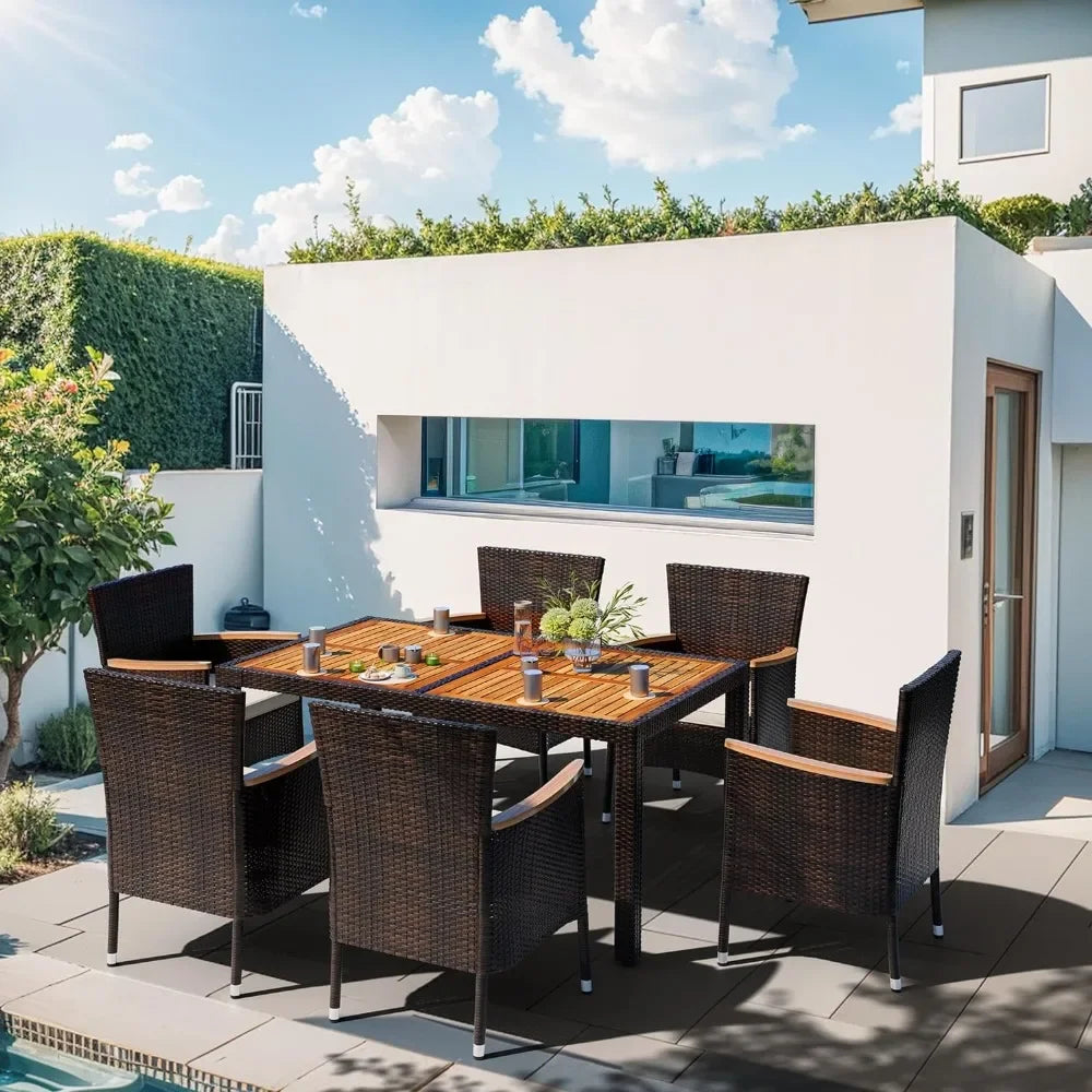 7 Piece Patio Dining Set, Wicker Patio Conversation Set W/ Wood Table Top, Outdoor Table and Chairs W/Soft Cushions for Backyard
