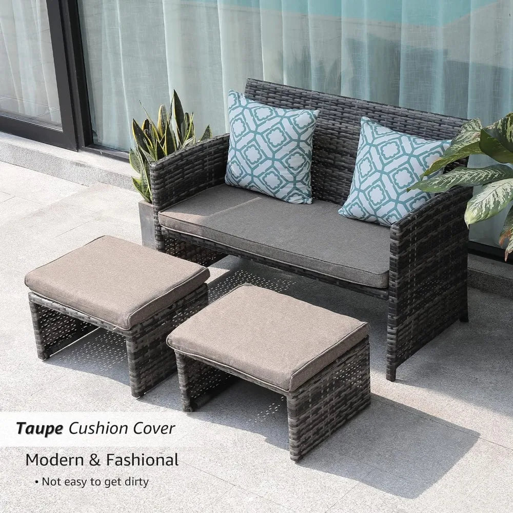 Outdoor Loveseat Patio Furniture Rattan Conversation Set with Ottoman,White Cushions,Grey Wicker, Outdoor Furniture