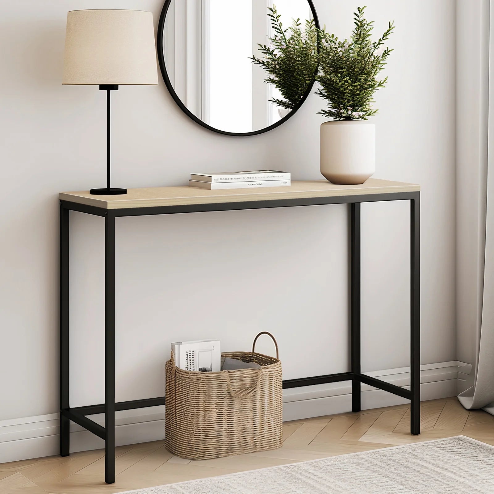 Modern Console Table Sofa Table TV Stand with Sturdy Metal Frame in Entryway, Living Room, Hallway, Bedroom, Hotel, Light Walnut