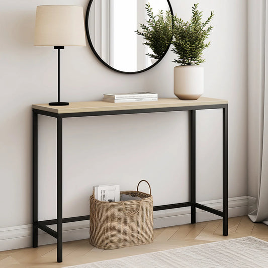 Modern Console Table Sofa Table TV Stand with Sturdy Metal Frame in Entryway, Living Room, Hallway, Bedroom, Hotel, Light Walnut