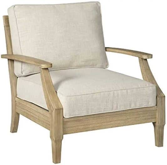 Outdoor Eucalyptus Wood Single Cushioned Lounge Chair, Beige，30"D X 35"W X 37"H，Patio Furniture & Accessories
