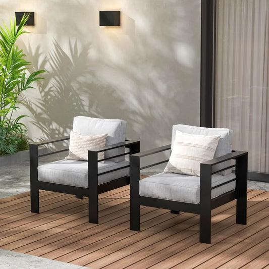 2 Pieces Patio Furniture Aluminum Armchair All-Weather Outdoor Single Sofa Black Metal Chair with Light Grey Cushions