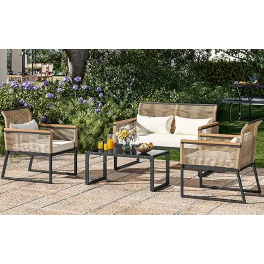 Patio Furniture Wicker Outdoor Bistro Set, 4-Piece All Weather Rattan Loveseat for Backyard, Coffee Table, Mesa Outdoor Table