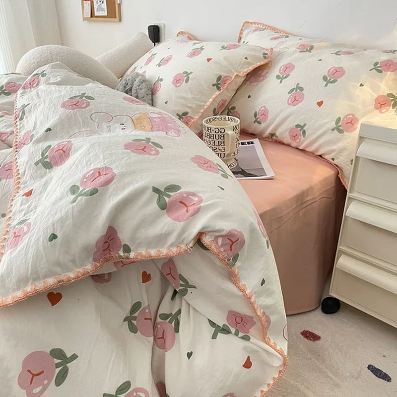 Bedding Set INS Girls Cherry Soft Washed Cotton Bed Sheet Queen King Size Duvet Set Comforter Set Pillowcase Bed Linens