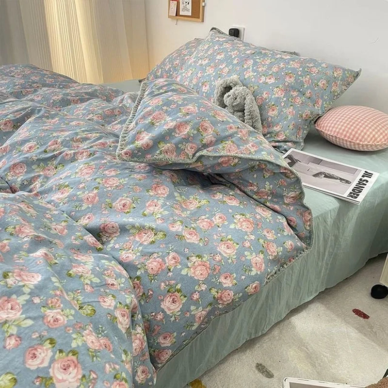 Bedding Set INS Girls Cherry Soft Washed Cotton Bed Sheet Queen King Size Duvet Set Comforter Set Pillowcase Bed Linens