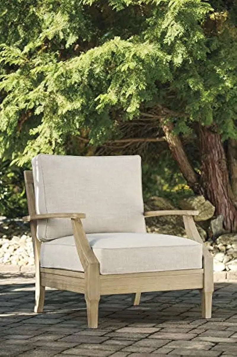 Outdoor Eucalyptus Wood Single Cushioned Lounge Chair, Beige，30"D X 35"W X 37"H，Patio Furniture & Accessories