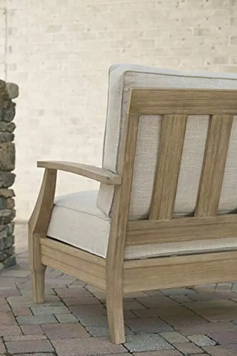 Outdoor Eucalyptus Wood Single Cushioned Lounge Chair, Beige，30"D X 35"W X 37"H，Patio Furniture & Accessories