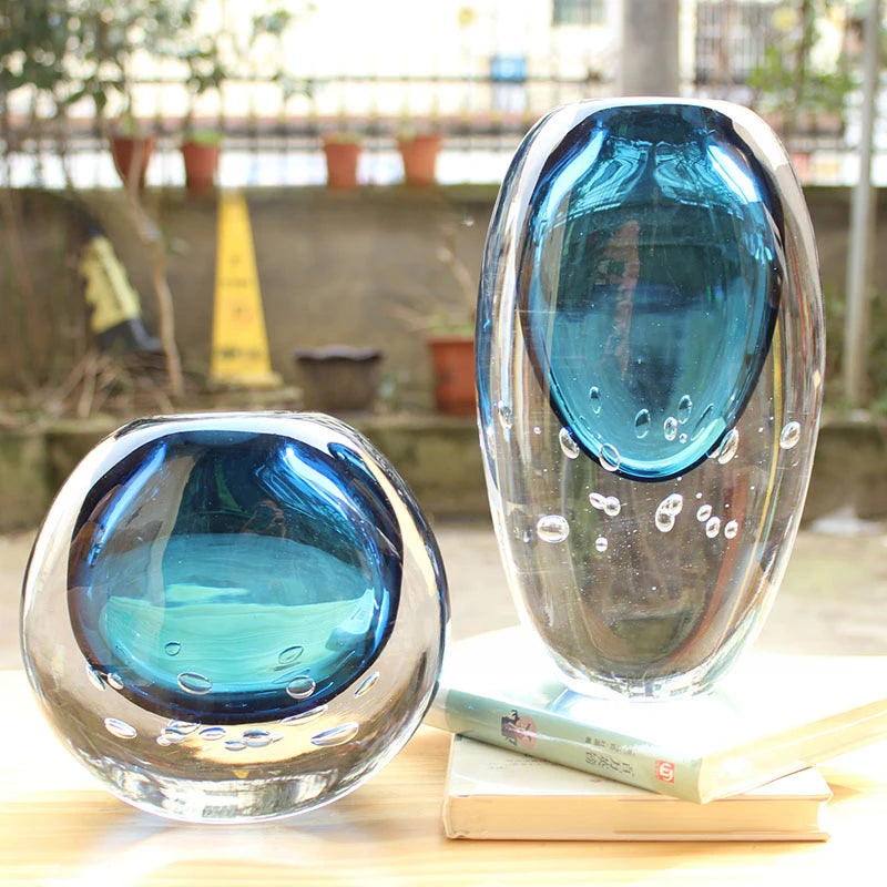 Blue Crystal Glass Vase Thick Glass Hydroponics Terrarium Flower Vase