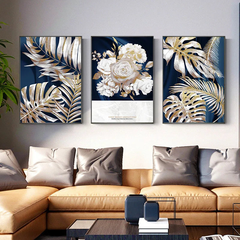 Blue Gold Plant Leaf Abstract Poster Nordic Canvas Painting Wall Art Picture No Frame for Living Room Bedroom Modern Home Decor