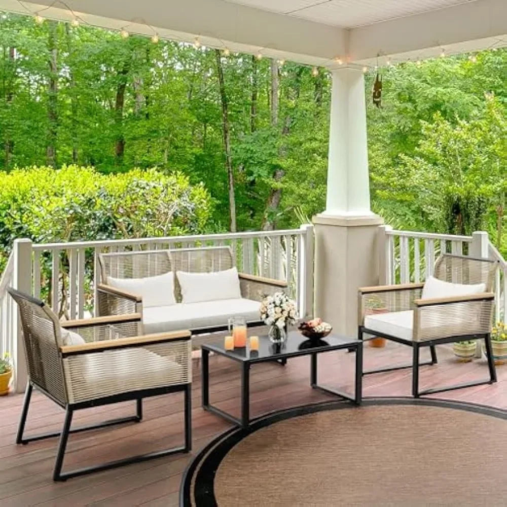 Patio Furniture Wicker Outdoor Bistro Set, 4-Piece All Weather Rattan Loveseat for Backyard, Coffee Table, Mesa Outdoor Table