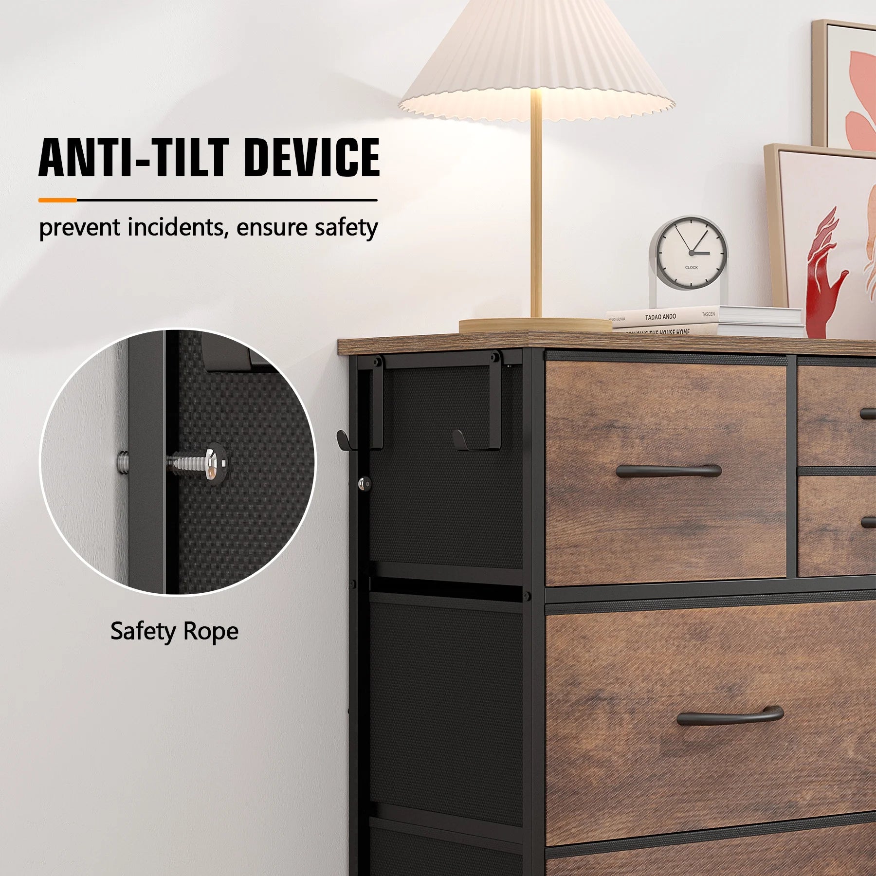 10 Drawer Dresser, Chest of Drawers for Bedroom Fabric Dressers with Side Pockets and Hooks, Brown