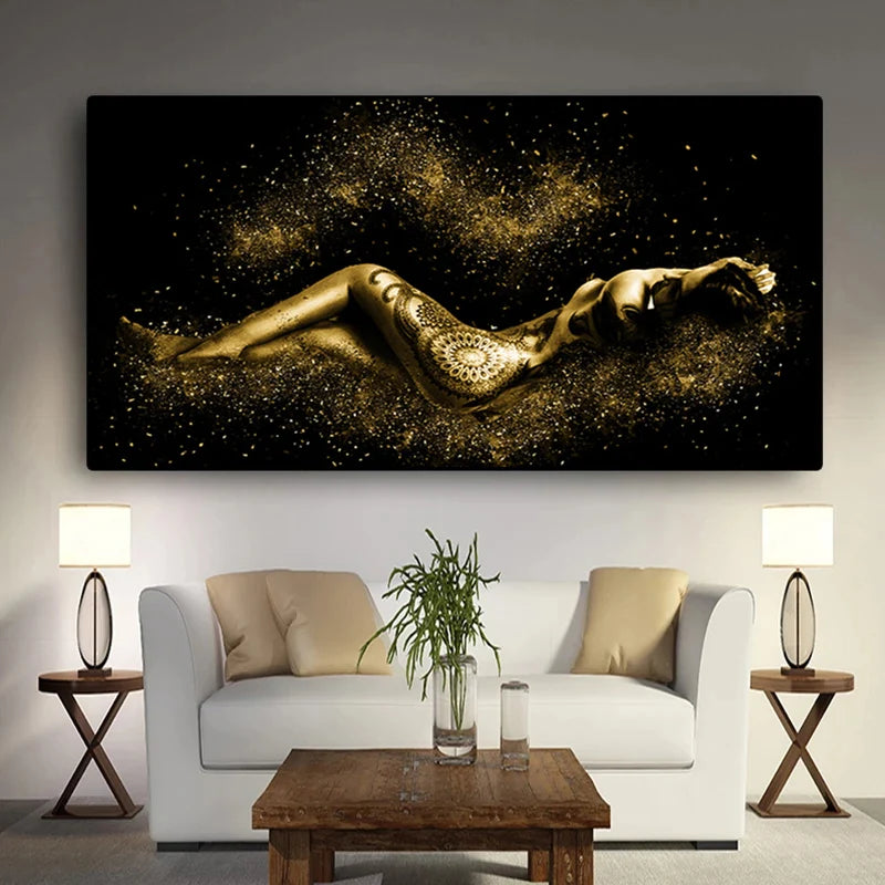 Black and Gold Abstract Sexy Nude Female Body Figure Oil Painting Picture Poster and Prints Living Room Wall Art Canvas Painting