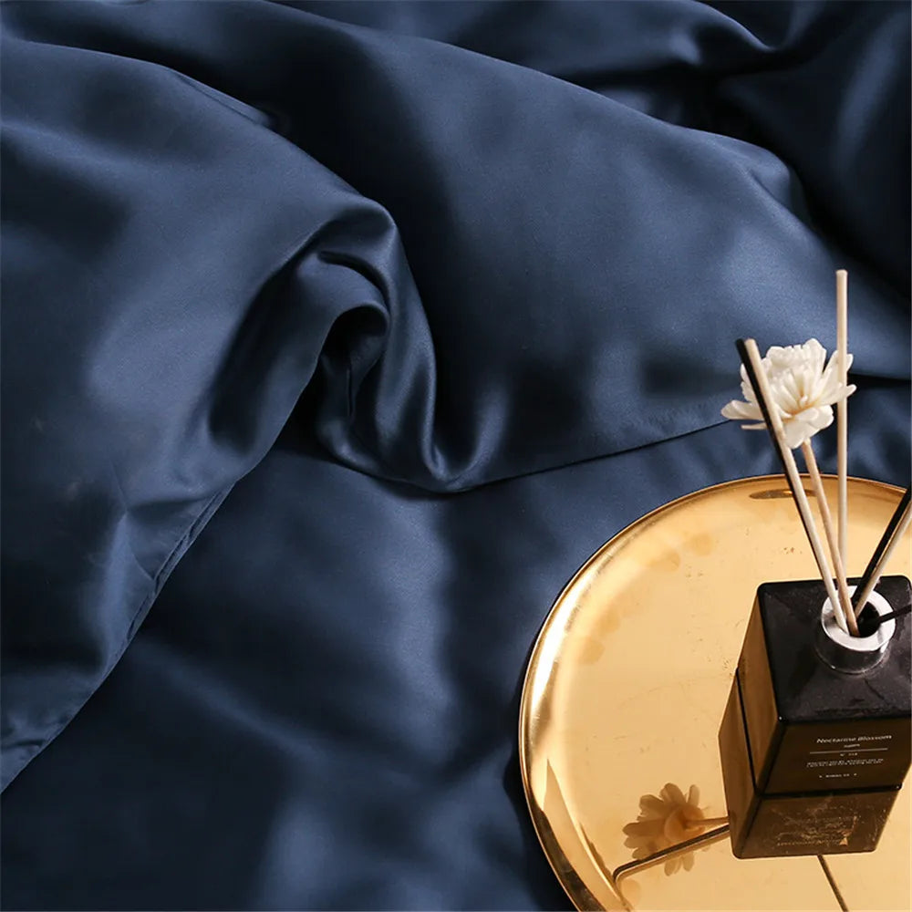 Noble Dark Blue 100% Silk Bedding Set Double Queen King Duvet Cover Flat Sheet Bed Linen Pillowcase for Sleep Gift