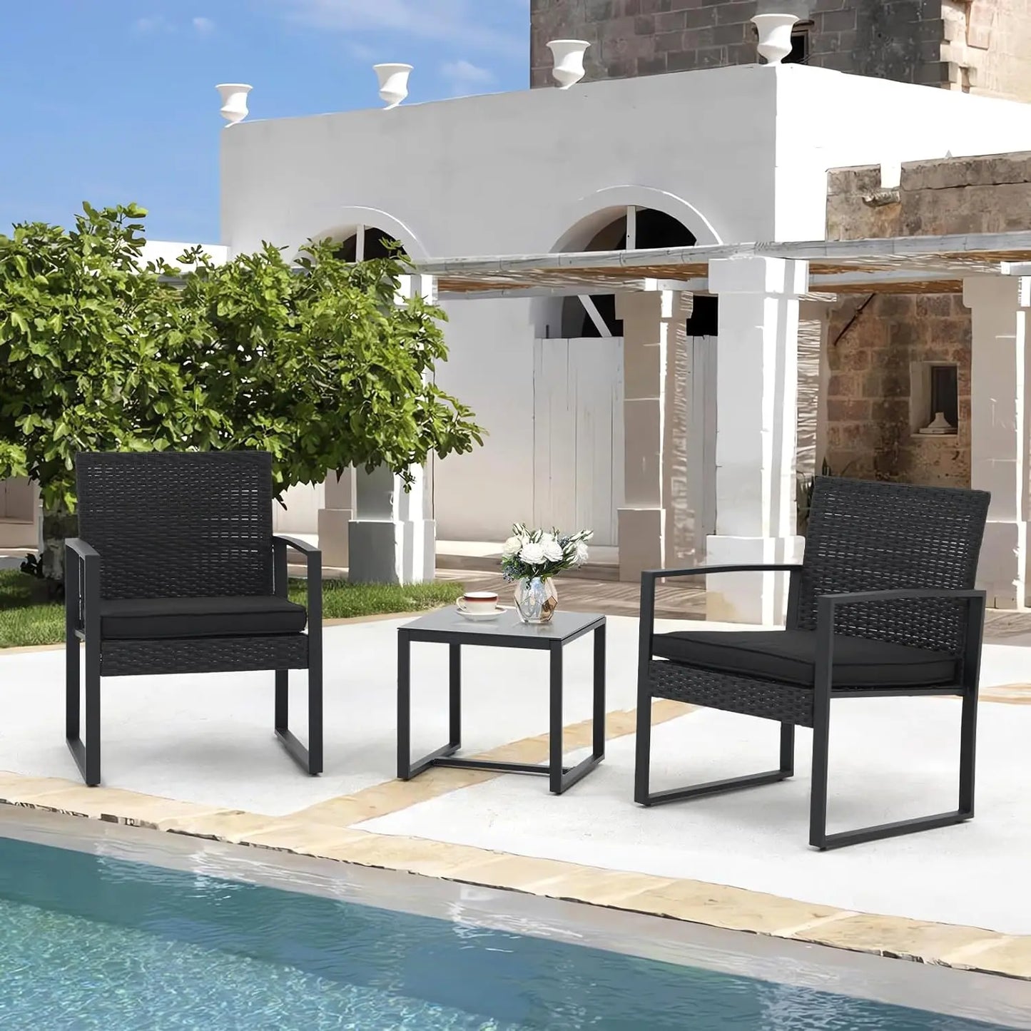3 Pieces Patio Bistro Set, PE Wicker Outdoor Patio Furniture Set, Modern Rattan Patio Chairs, Conversation Sets for Balcony