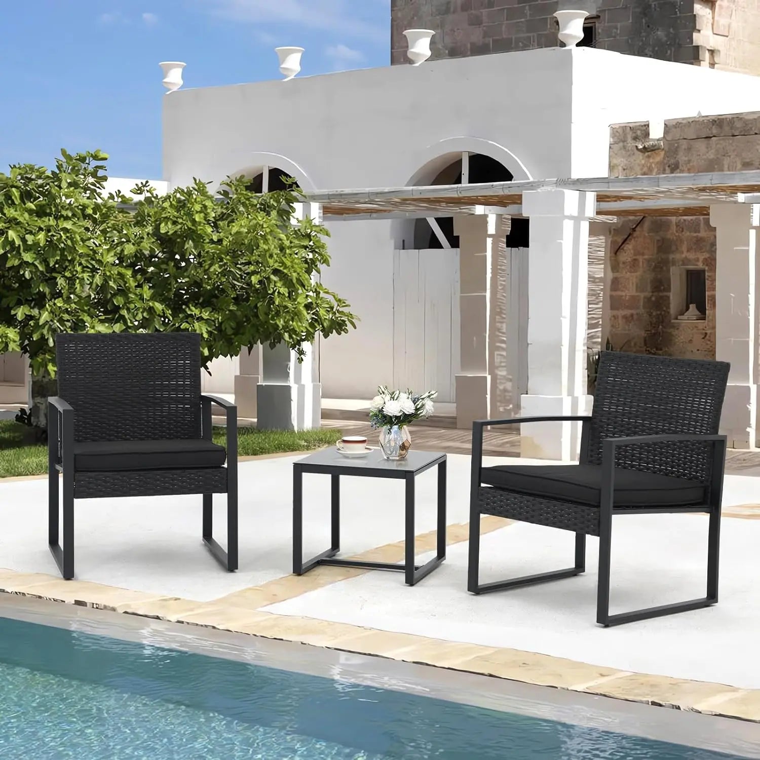 3 Pieces Patio Bistro Set, PE Wicker Outdoor Patio Furniture Set, Modern Rattan Patio Chairs, Conversation Sets for Balcony