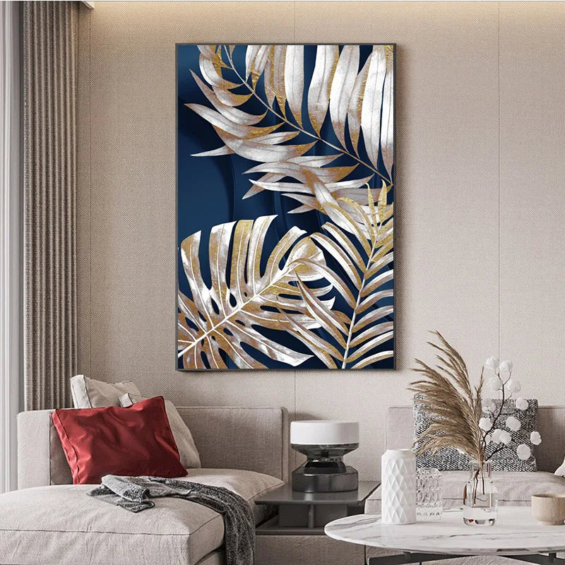 Blue Gold Plant Leaf Abstract Poster Nordic Canvas Painting Wall Art Picture No Frame for Living Room Bedroom Modern Home Decor