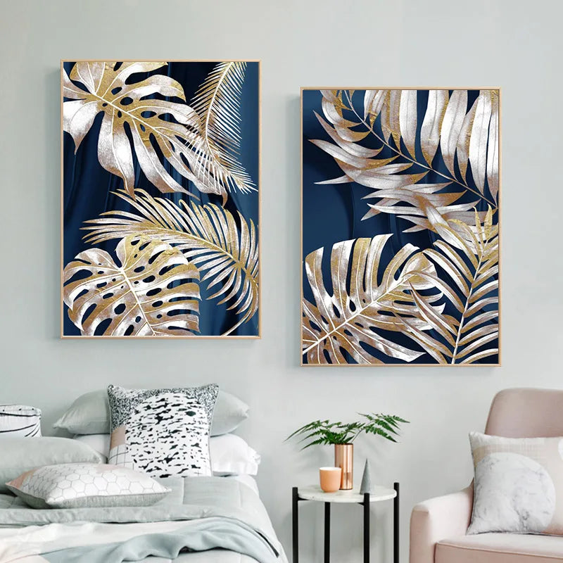 Blue Gold Plant Leaf Abstract Poster Nordic Canvas Painting Wall Art Picture No Frame for Living Room Bedroom Modern Home Decor